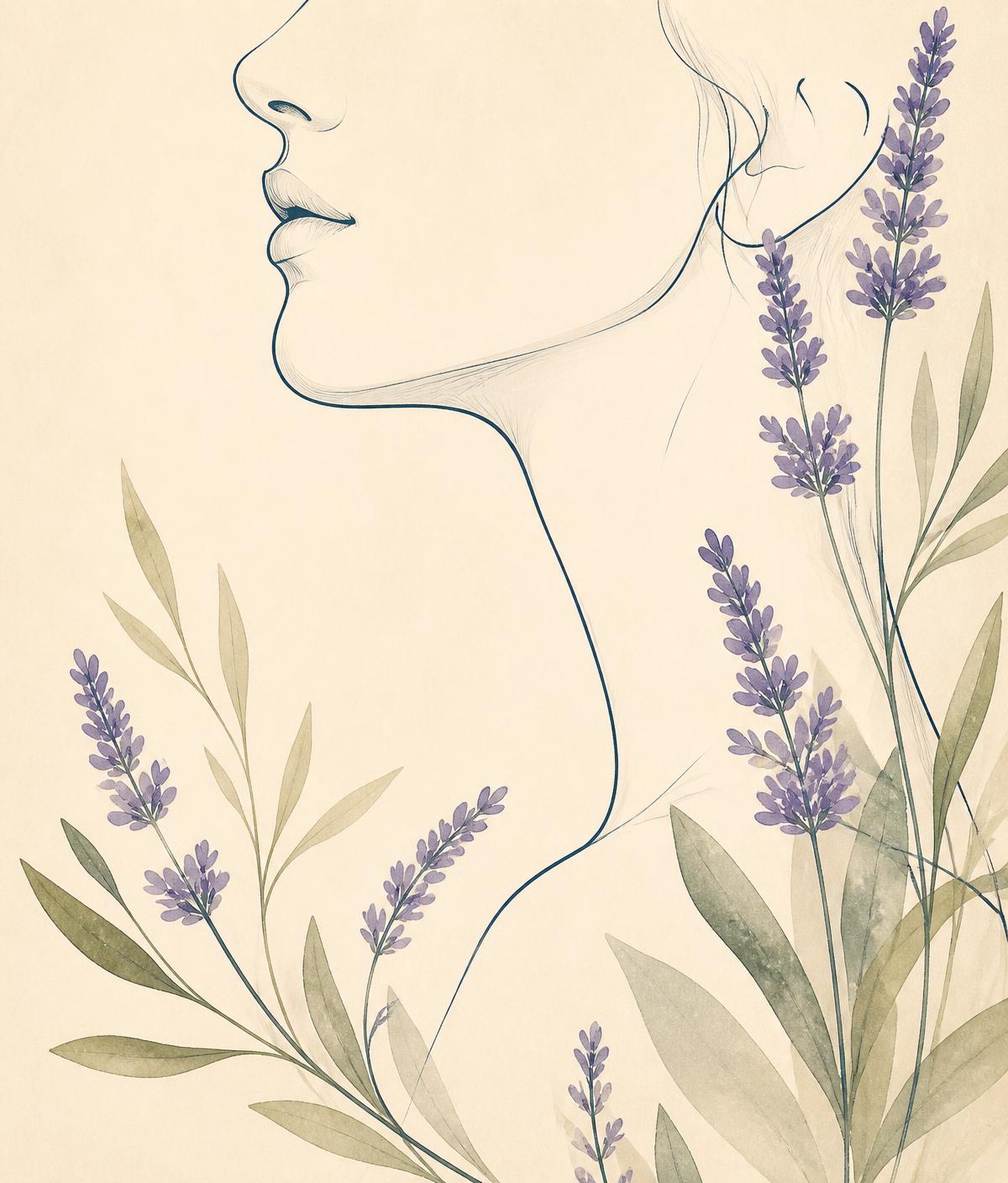 Line illustration of a relaxed jaw and neck in profile surrounded by lavender sprigs